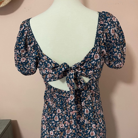 As U Wish Navy Floral Midi Dress w/ Open Back Tie S - Picture 6 of 7